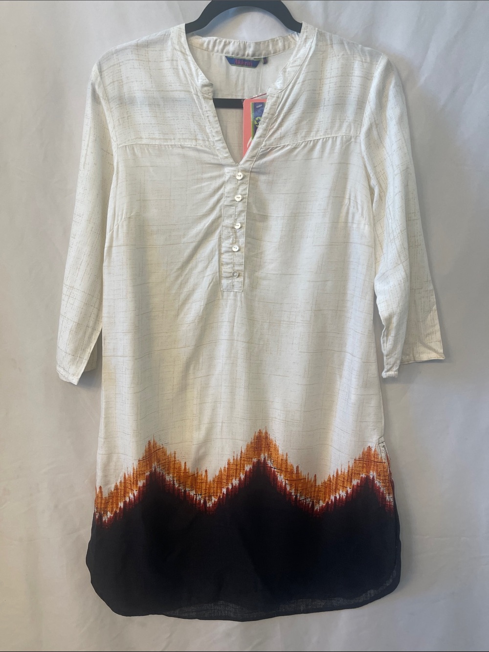 White Tunic Dress with Orange Accent and Black Hem